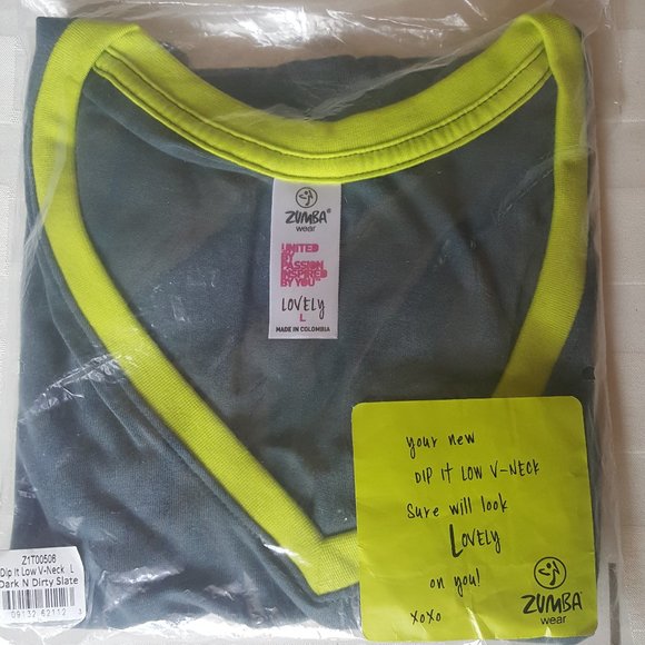 Zumba Lovely V neck t-shirt L grey lime top gray - Picture 3 of 3